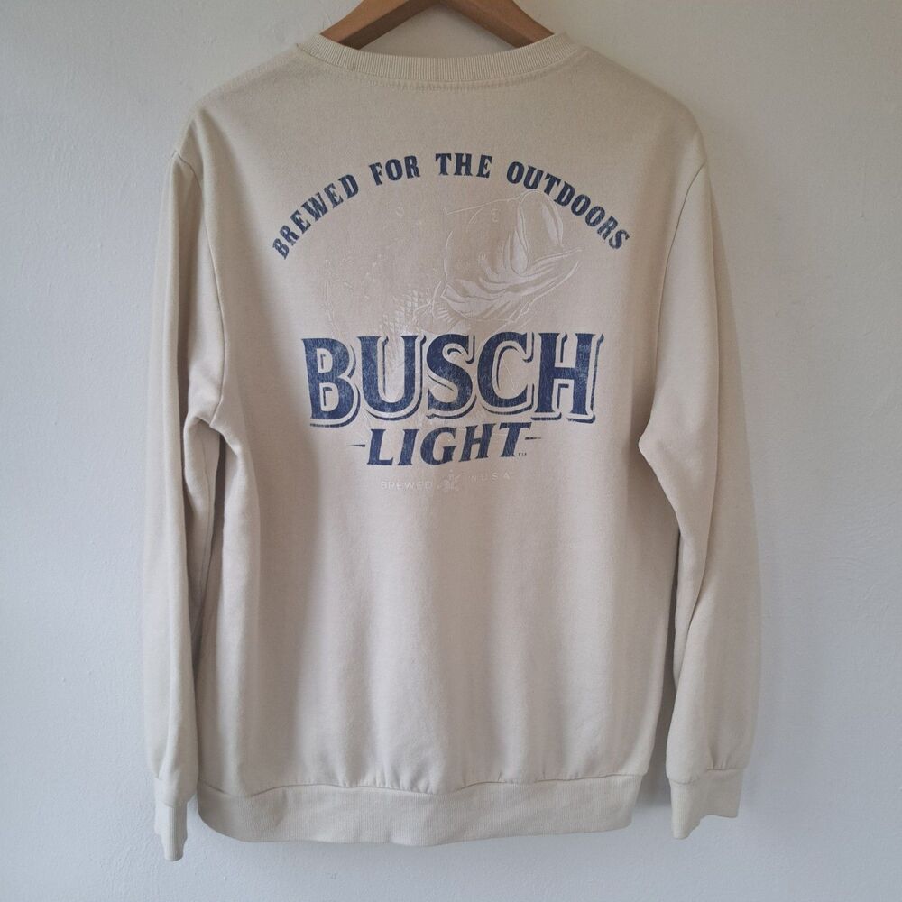 Busch Light Mens Large Hybrid Apparel Cream Crewneck Graphic Sweatshirt FLAW